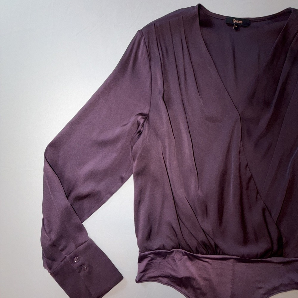 Quince Washable Stretch Silk Surplice Bodysuit Size M Deep Orchid Purple EUC - Picture 2 of 7